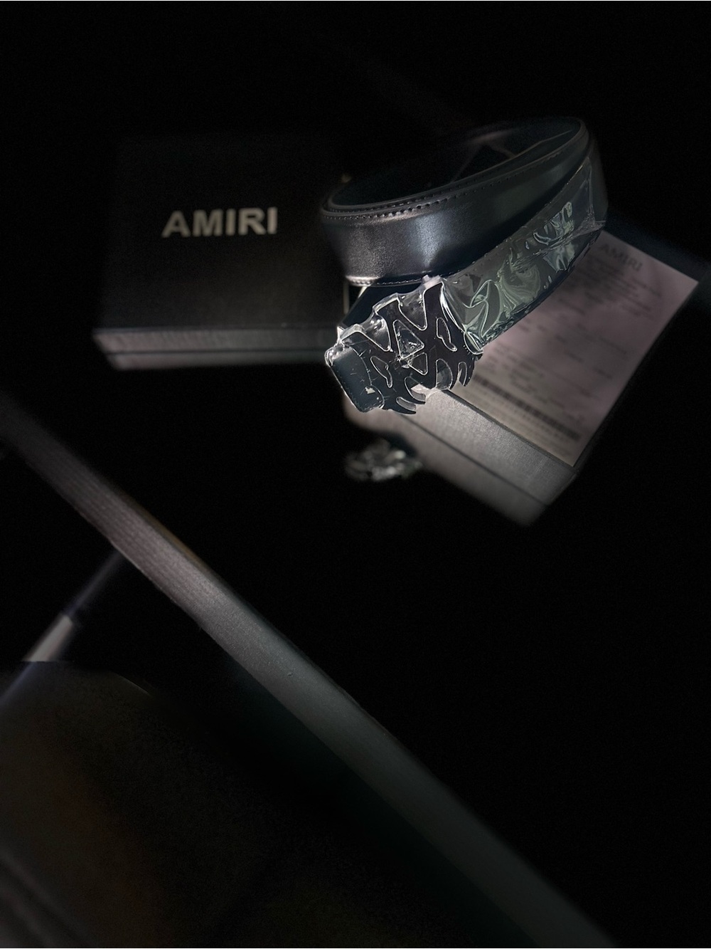 AMIRI Black Leather Belt with Signature Silver Logo Buckle